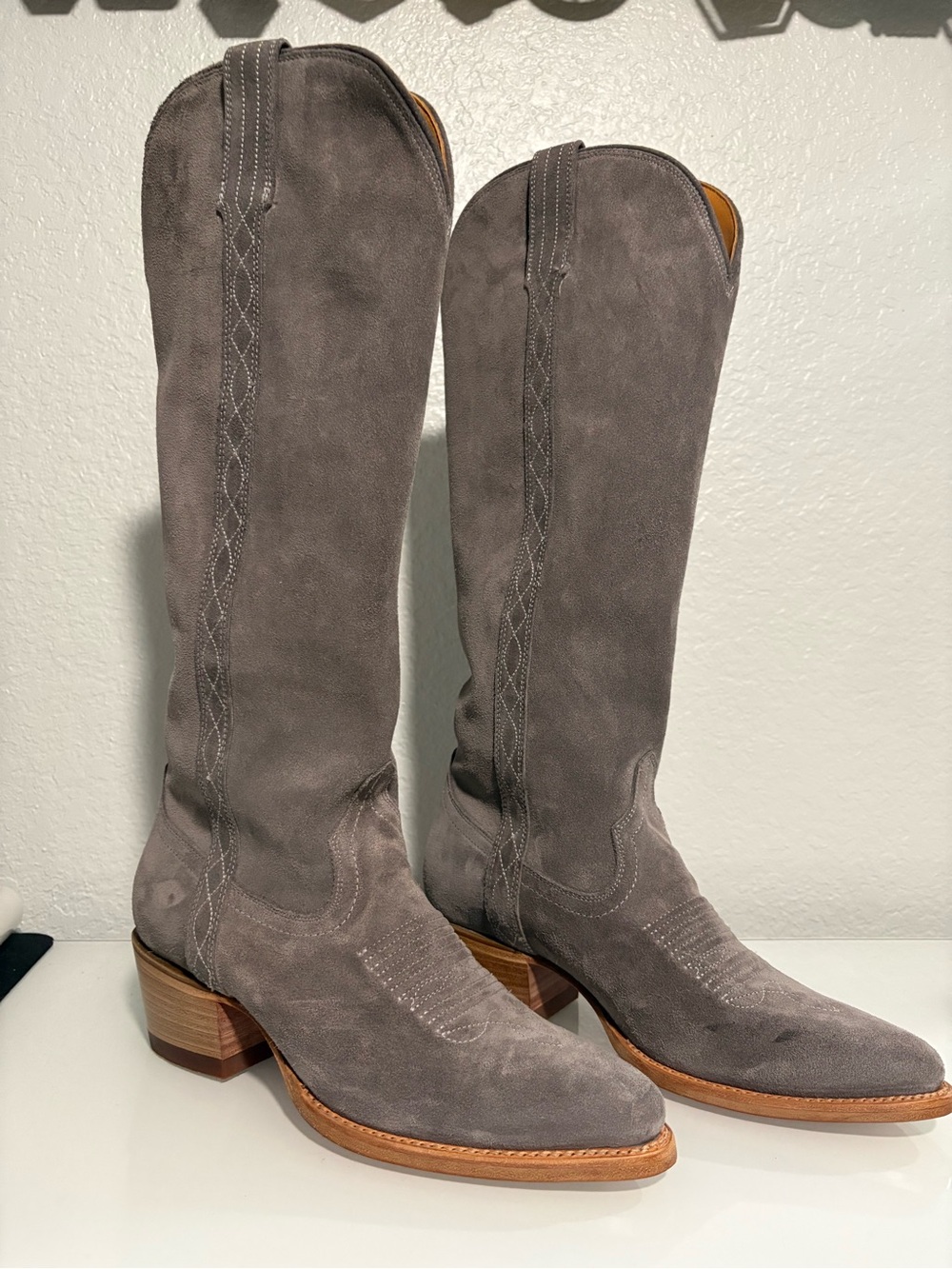 Tecovas Abby Cavalier Gray Suede Knee-High Western Boots